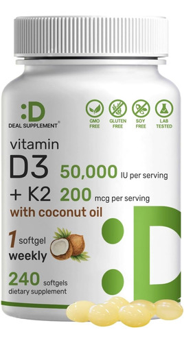 Vitamina D3 50.000ui +k2 Mk-7 200mcg Puras 240caps 1xsemana