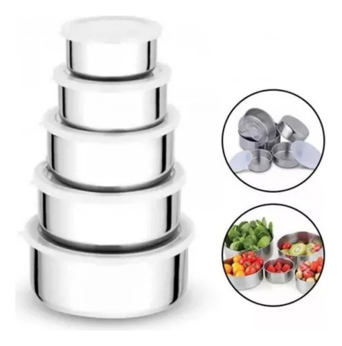 Set 5 Bowls De Acero Inoxidable Con Tapa Cocina 