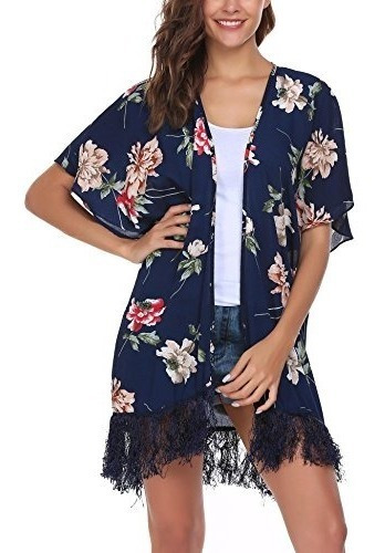 Easther Luz Gasa  Impresión Remata Blusa Borla Kimono Chaq