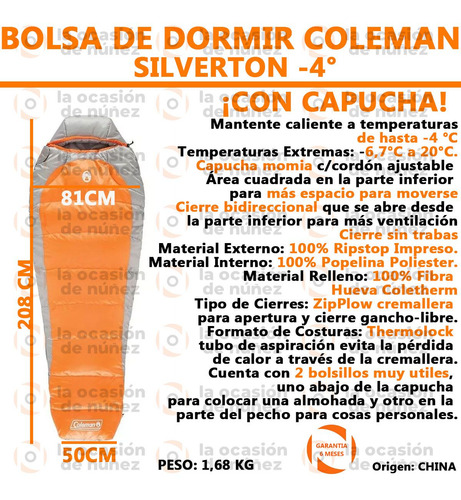 Imagen 2 de 7 de Bolsa De Dormir Coleman Silverton -4 Grados Termica Camping