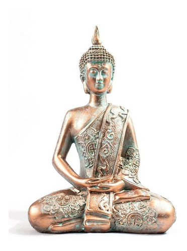 Imagem Estatueta Buda Sidarta Sentado Meditando Sabedoria Pátina Cobre Rustico Elegante Para Sala Escritorio