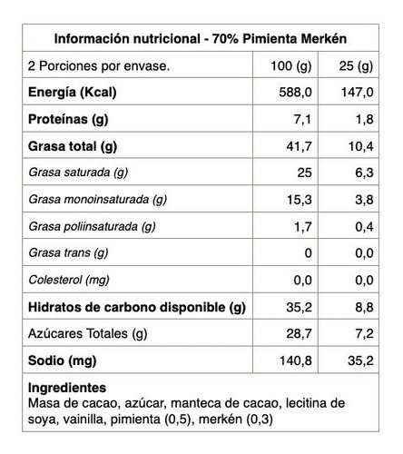 Imagen 2 de 2 de Chocolate Negro 70% Cacao Pimienta Merkén