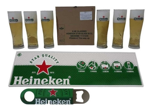 Caja 6 Vasos Heineken 250 Ml + Esterilla Grande + Destapador