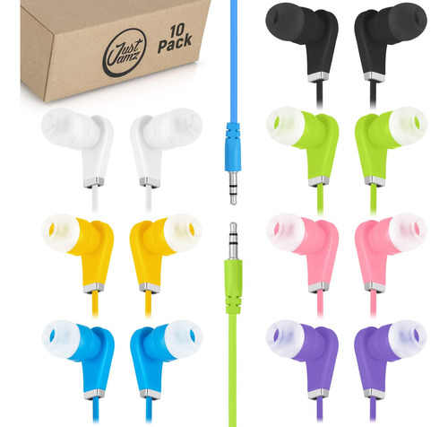 Justjamz Bulk Earbuds Bits, Paquete De 10 Coloridos Estéreo
