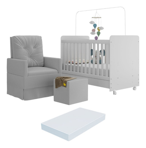 Berço Americano 3x1 com Colchão, Poltrona Amamentação e Puff Bambino Multimóveis MP4101 Cor Branco/Cinza