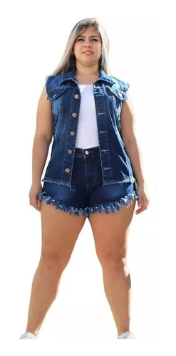 Conjunto Short Desfiado E Colete Feminino Jeans Plus Size
