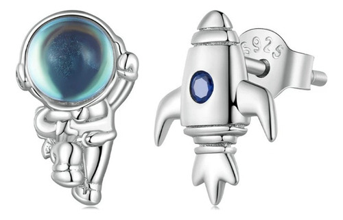 Aretes Asimétricos Astronauta Y Cohete Espacial Plata S925
