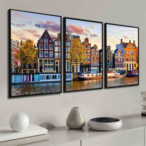 Kit 3 Quadros Decorativos Amsterdam Holanda Paisagem Moldura