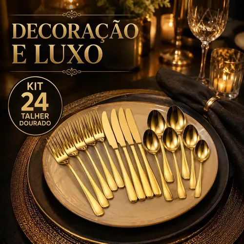 Kit 24 Talheres Dourado Premium Inox Colher Garfo Faca Luxo
