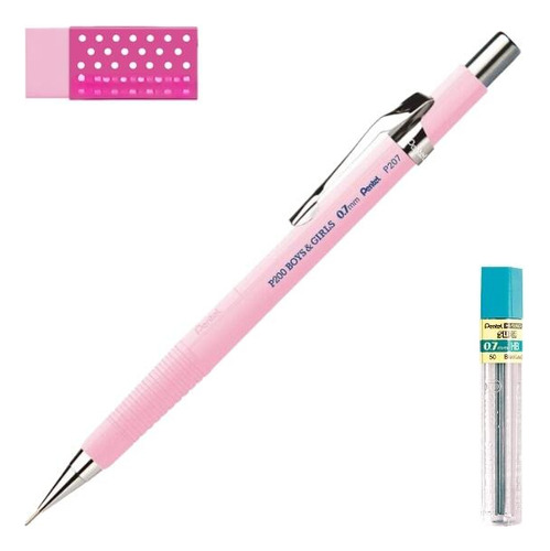 Lapiseira Pentel 0.7mm Rosa Pastel + Grafite + Borracha