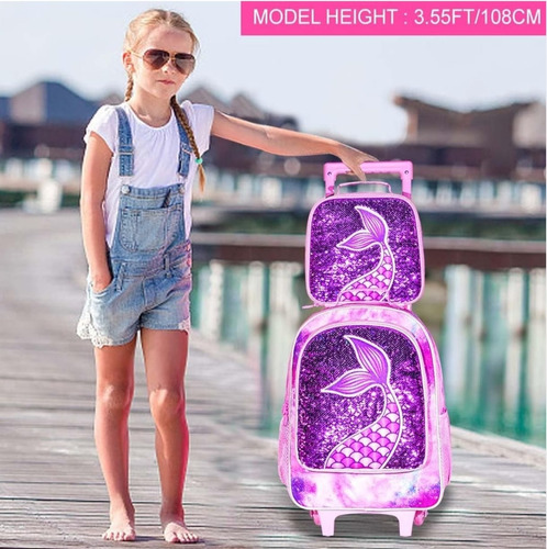 Conjunto De 3 Mochilas, Mochila Con Ruedas Para Niñas Fiusha/ Morado Sirena