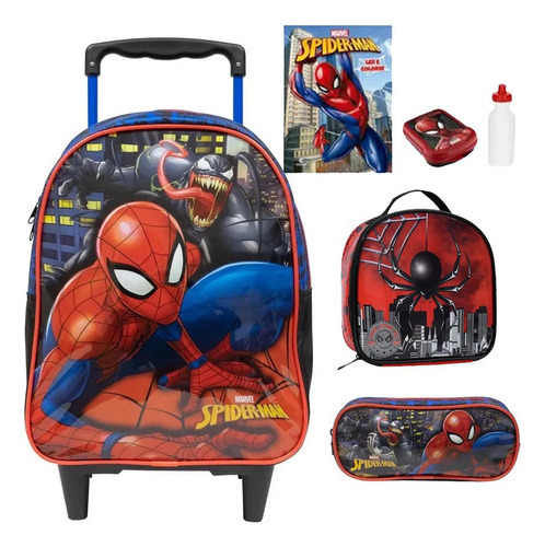 Kit Mochila Escolar Spiderman Rodinhas Shomem Aranha Tam G