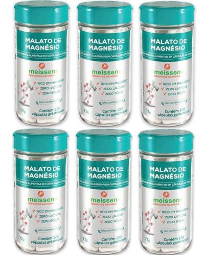 Kit 6 X Malato De Magnésio 120 Cápsulas 500mg Meissen Sabor Sem sabor