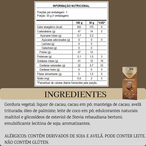 Chocolate Zero Açúcar 30g Sabores Variados Kit Com 15