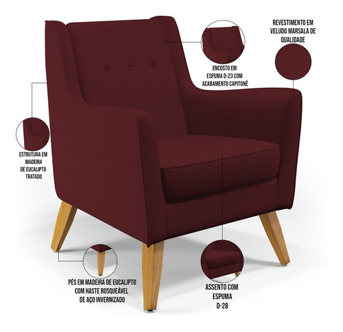 Poltrona Decorativa com Pés de Madeira Taroba D02 Veludo Marsala C-278