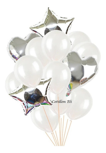  Set 14 Globos Metalizados Estrella Corazon Plateado Blanco