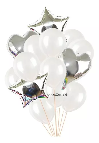 Set 14 Globos Metalizados Estrella Corazon Plateado Blanco