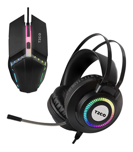 Audífono Y Mouse Gamer T2go Gamex Luz Led Color Negro