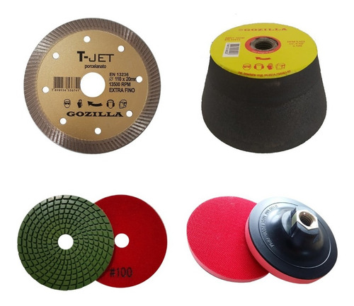 Kit Acabamento 45° Porcelanato Lixa/rebolo/disco/suporte Cor Dourado