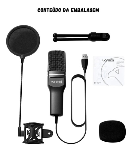 Microfone Condensador Mesa Com Pop Filter Streaming Podcasts