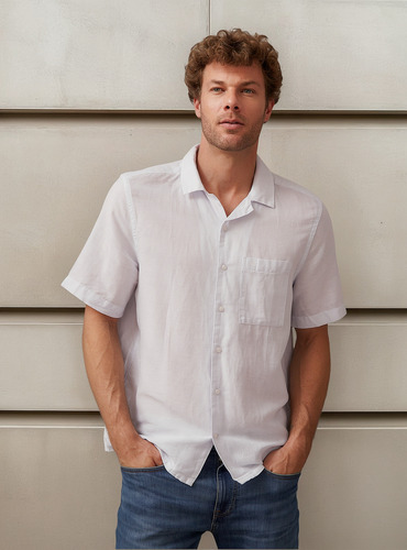 Camisa Linen Cotton Cuban Celeste Calvin Klein