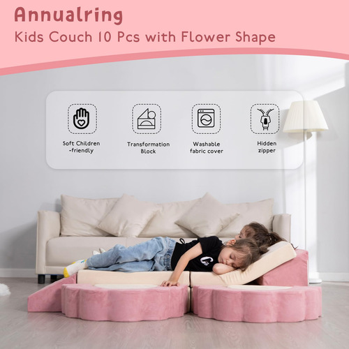 Annualring Sofá Infantil De 10 Piezas Sofá Modular Plegable Beige Y Rosa