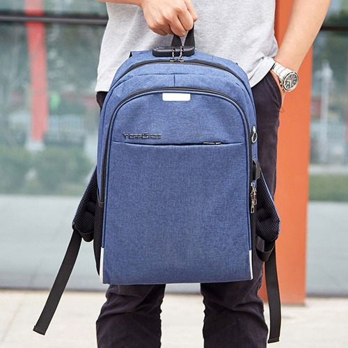 Mochila Anti Furto Notebook Saida Cabo Aux Usb Fone Ouvido Cor Azul