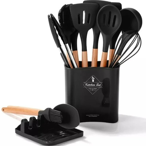 Set De 13 Utensilios De Silicona Espatula, Cucharones Negro