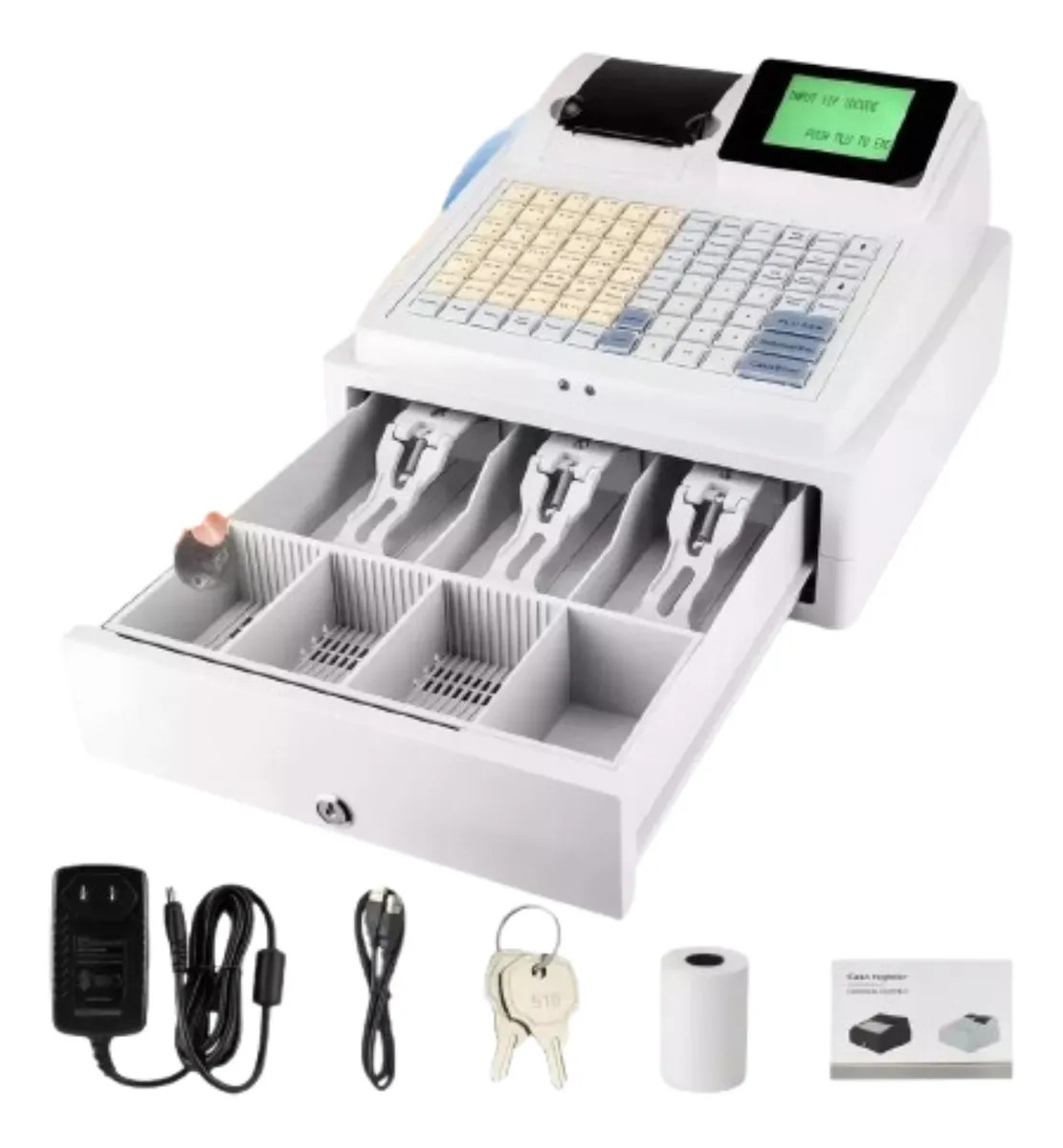 Caja Registradora Comercial Caja Fuerte Para + Llave, Impresión Térmica y Detección de Billetes | 7000 PLUs, 70 Cajeros, Pantalla LED, Ideal para Tiendas y Restaurantes