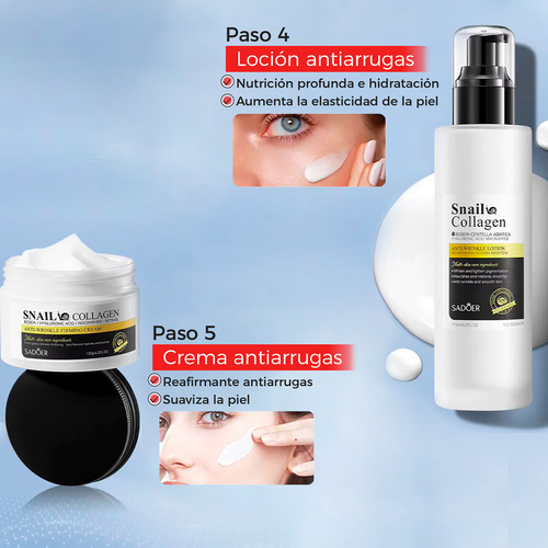 Set 5 Piezas Sadoer Con Extracto De Baba De Caracol Y Colágeno Para Cuidado Facial Snail Collagene, Anti Arrugas, Rejuvenece E Hidrata