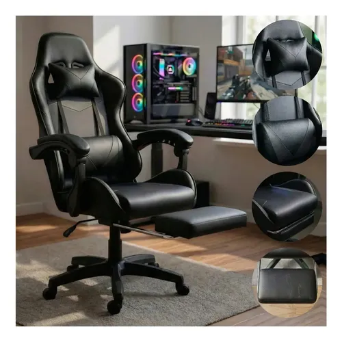 Cadeira Gamer Ergonômica Preta Reclinável Com Apoio dos Pés Led T...