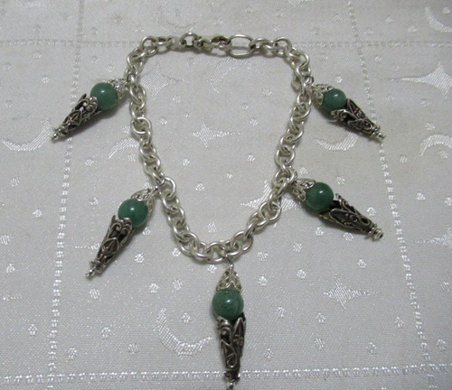 Pulsera Plata 900 Dijes Piedras Jade Filigrana Plata 19.50cm