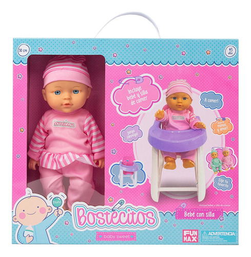 Bella Muñeca Bebe Bostecitos Con Silla De Comer