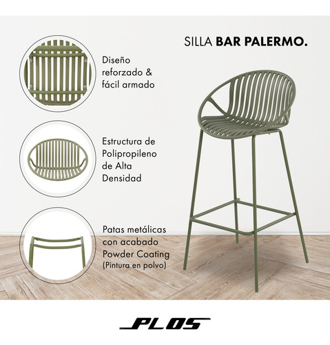 Silla Piso Bar Taburete Terraza Pack X2 Palermo Verde Musgo acabado Mate con Respaldo y Apoyabrazos Altura 75cm