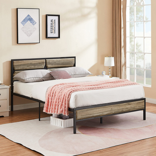 Base De Cama Matrimonial Con Cabecera De Madera Y Soporte Gr