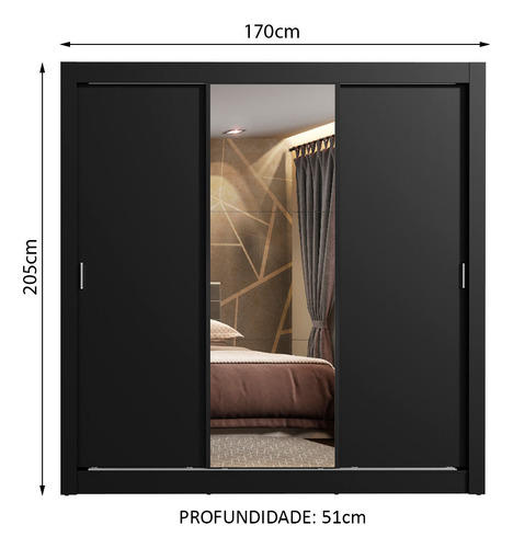 Guarda Roupa Madesa Lyon Plus 3 Portas Espelho 4 Gavetas Cor Preto 10938N1E4G