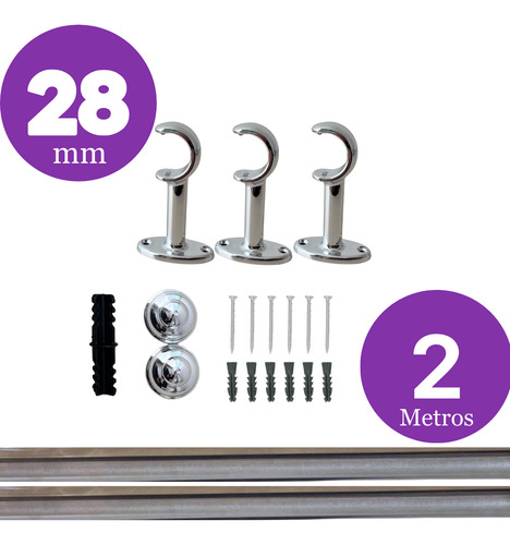 Kit Varão Cortina Simples Grosso 2 Metros Cromado 28mm