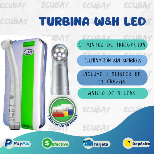 Turbina Dental 5 Luces Led W&h + Kit De 10 Fresas  