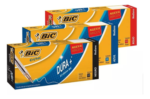 Plumas Bic Punto Mediano 3 Cajas (1 Negra, 1 Azul Y 1 Roja)