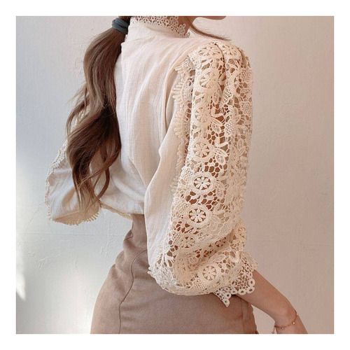 Camisa Encaje Flores Huecas Femenino Francés Ocio
