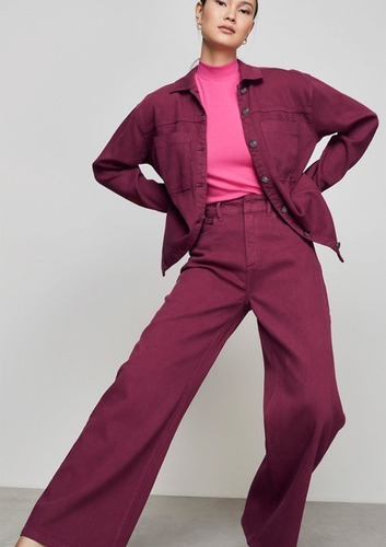 Imagem 10 de 10 de Calça Pantalona Em Sarja Cós Alto Com Elastano Uva Dzarm