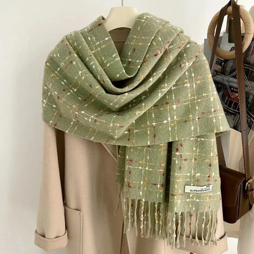 Bufanda Cálida Con Flecos A Cuadros Para Mujer, Invierno, 70