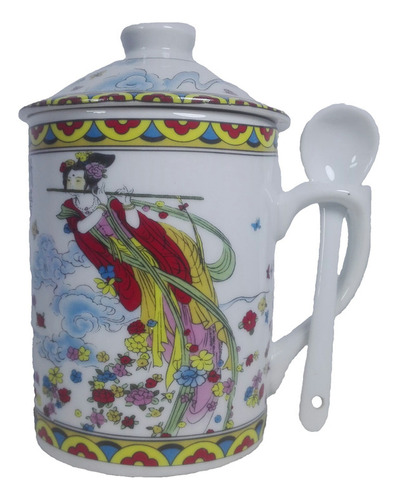 Taza Ceramica Con Cuchara Oriental Diosa Xuan Nu Bawu  3pza