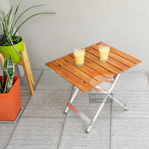 Imagen 5 de 10 de Mesa Plegable Ratona Aluminio Madera 60x50 Balcon Jardin