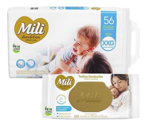 Kit Fralda Love & Care Giga + 100 Un Toalhas Umedecidas Mili