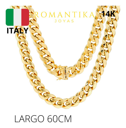 Cadena Barbada Cubana Miami Oro 14k 60cm 11mm Italiano Caja Color Dorado