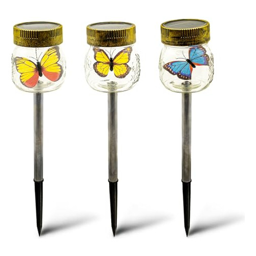 Solar Butterfly Jar Stake Light | 3 Pack Waterproof Gla...