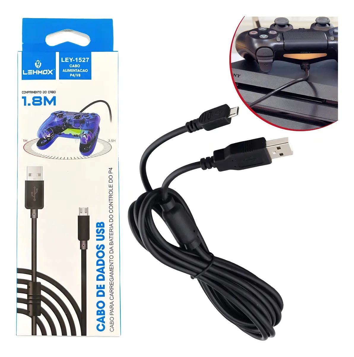 Cabo V8 USB 2.0 Para Controle PS4 Xbox One 1,8m Com Filtro