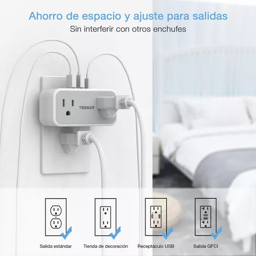 TESSAN-adaptador de enchufe doble con 2 enchufes, 3 puertos USB A y 1 enchufe  tipo