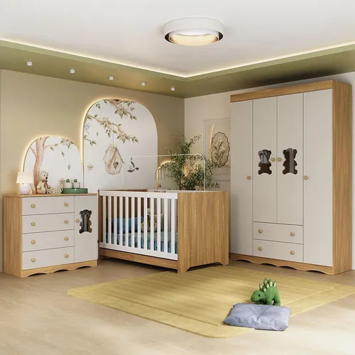 Quarto De Bebê Completo Com Berço Americano 3 Em 1 Doçura Multimóveis Mp4646 Madeirado/off White